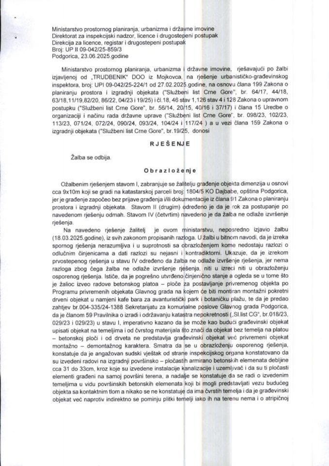 Drugostepena rješenja - UPII 09-042-25-859-3 TRUDBENIK DOO