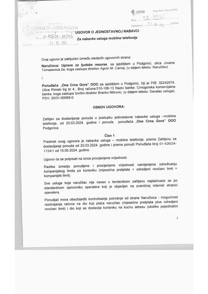 Ugovor o jedinstvenoj nabavci za nabavke usluga mobilne telefonije
