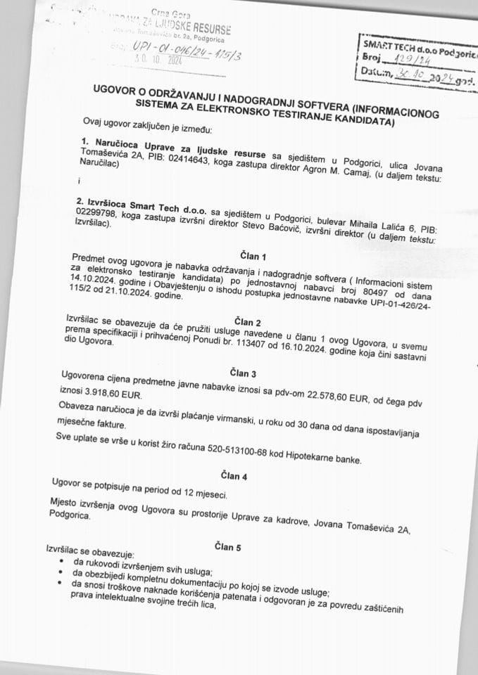 Ugovor o održavanju i nadogradnji softvera (Informacionog sistema za elektronsko testiranje kandidata)