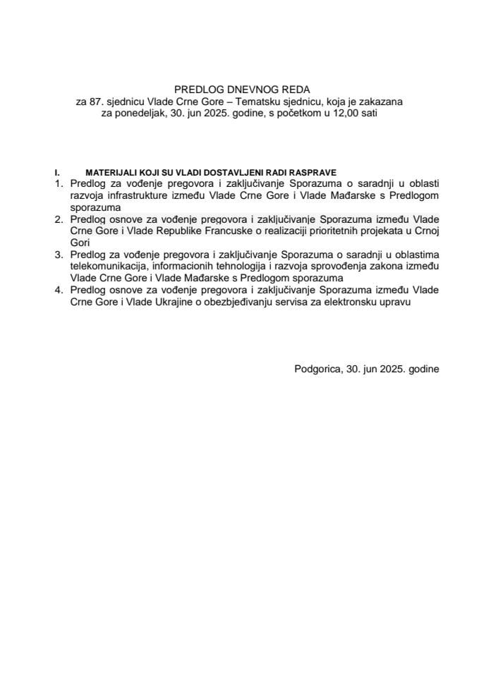 Predlog dnevnog reda za 87. sjednicu Vlade Crne Gore