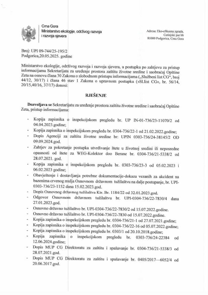 Рјешења - Слободан приступ информацијама - Рјешење Општина Зета БР. УПИ-09-744-25-195-2 од 20.05.2025