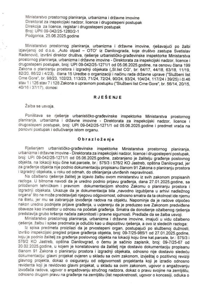 Drugostepena rješenja - UPII 09-042-25-1280-2-1 DOO AUTO OTPAD -OTO