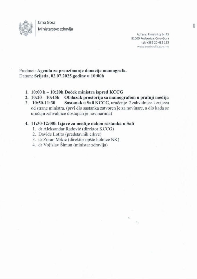 Агенда - Донација мамографа Клиничком центру Црне Горе и Општој болници Никшић