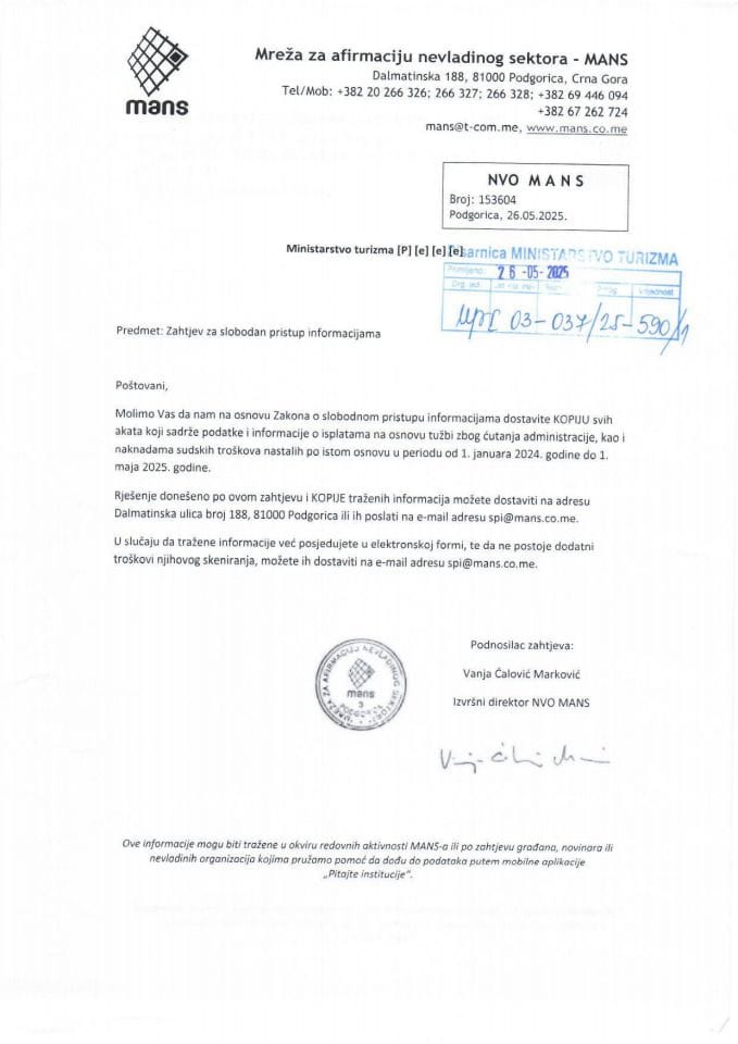 Zahtjev - Slobodan pristup informacijama - UPI 03-037-25-590-1 - Mreža za afirmaciju nevladinog sektora - MANS