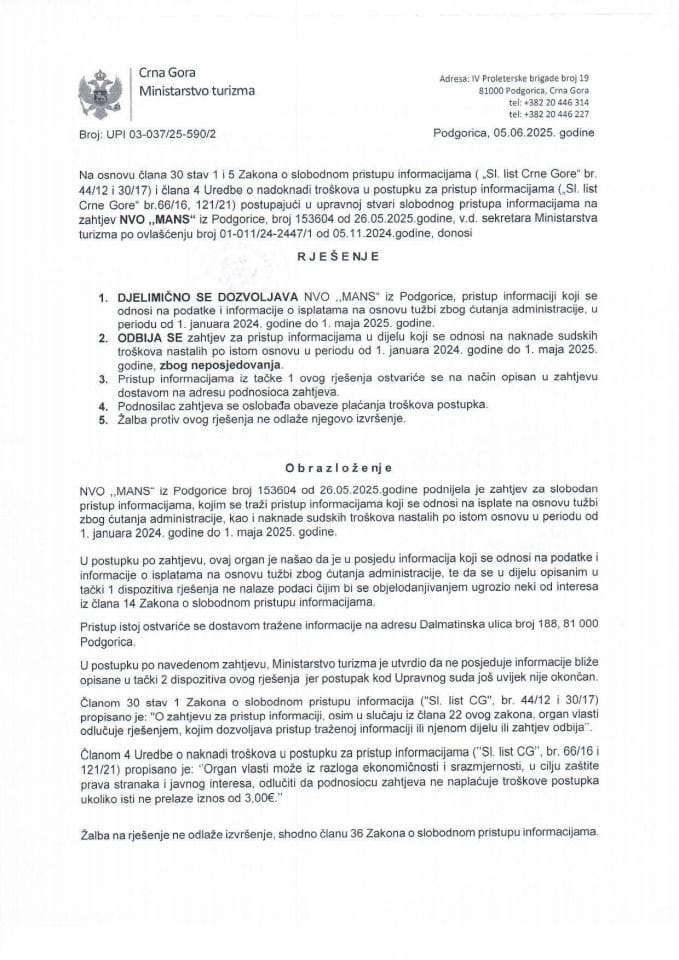 Rješenje - Slobodan pristup informacijama - UPI 03-037-25-590-2 Mreža za afirmaciju nevladinog sektora - MANS
