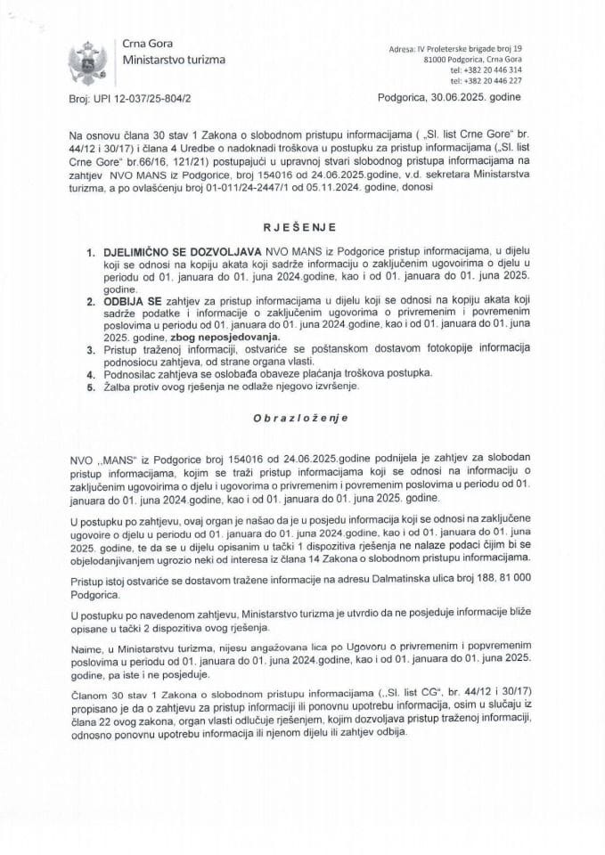 Rješenje - Slobodan pristup informacijama - UPI 12-037-25-804-2 Mreža za afirmaciju nevladinog sektora - MANS