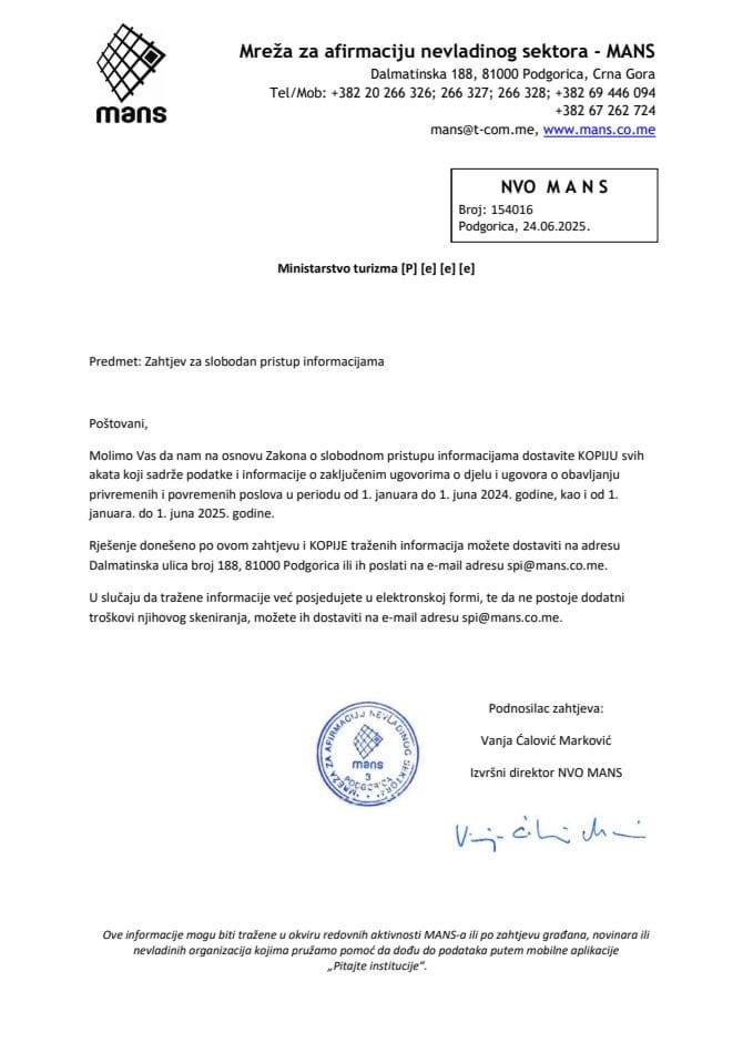 Informacije kojima je pristup odobren po osnovu zahtjeva br UPI 12-037-25-804-1 - Mreža za afirmaciju nevladinog sektora - MANS od 24.06.2025. godine