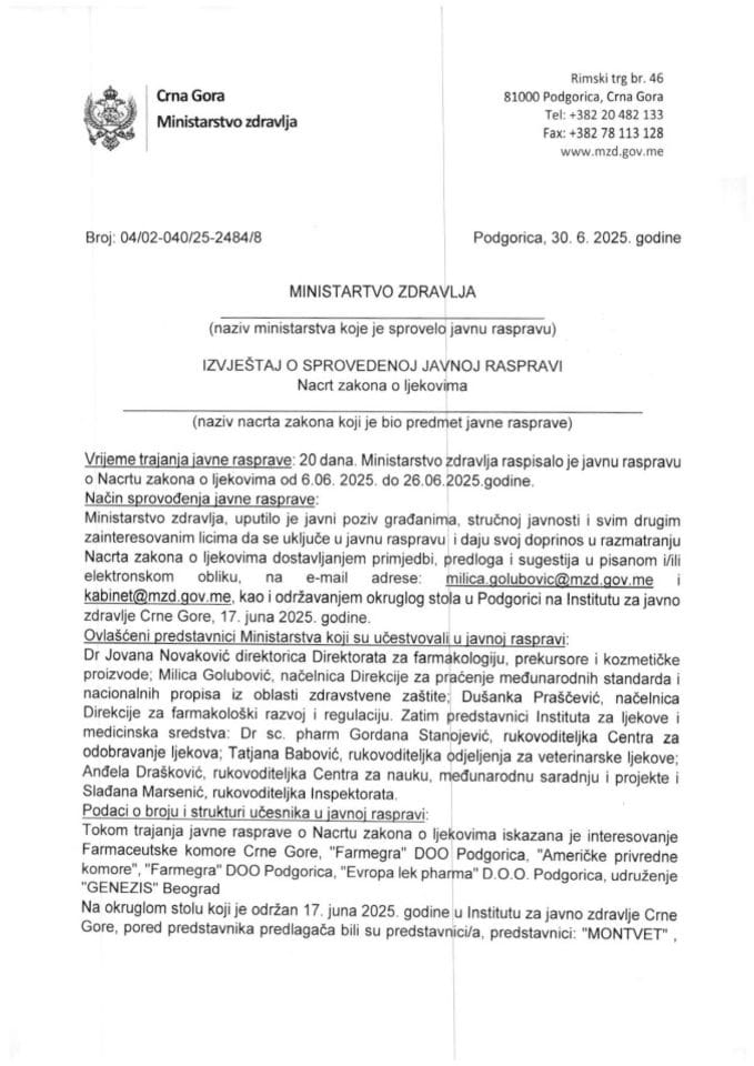 IZVJEŠTAJ O SPROVEDENOJ JAVNOJ RASPRAVI - Nacrt zakona o ljekovima