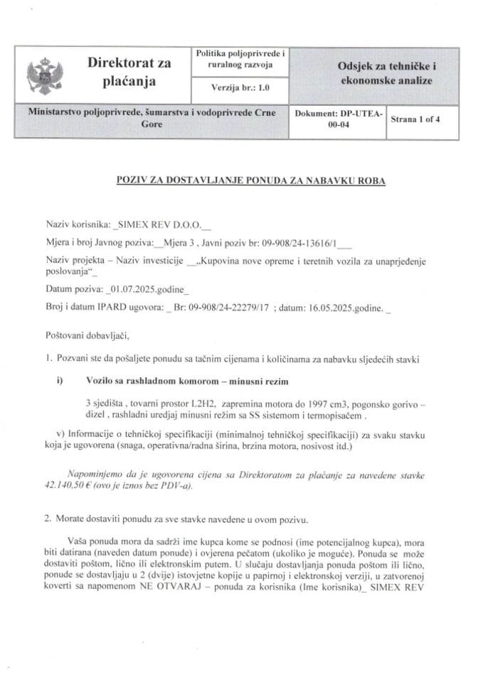 poziv za dostavljanje ponuda za nabavku roba - vozilo sa rashladnom komorom minusni režim(1)