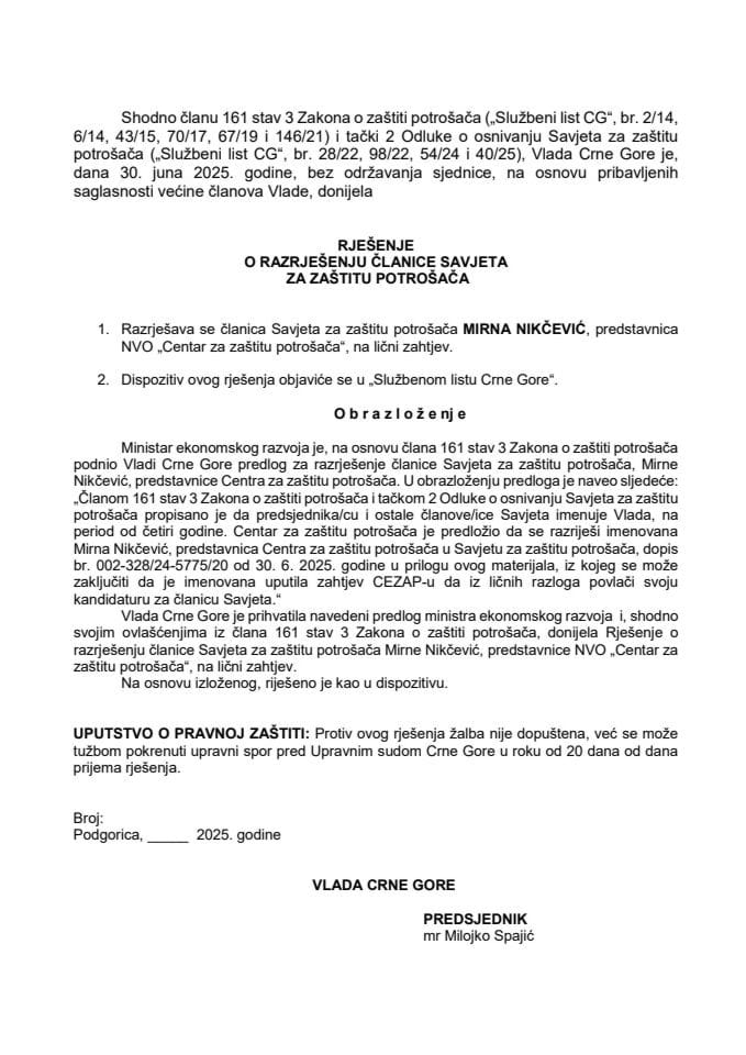 Predlog za razrješenje članice Savjeta za zaštitu potrošača