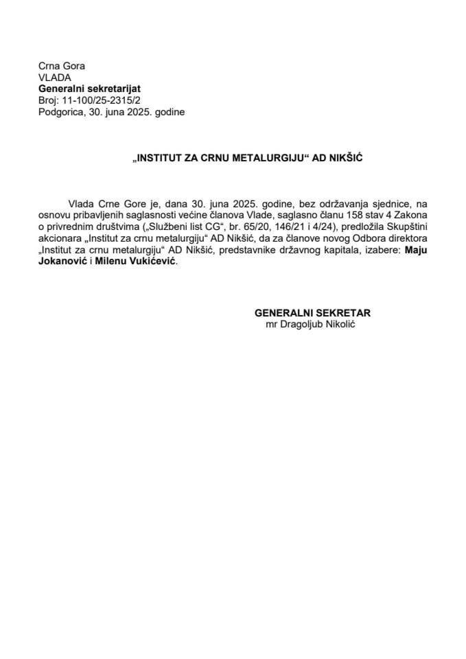 Predlog za izbor članova Odbora direktora "Institut za crnu metalurgiju" AD Nikšić