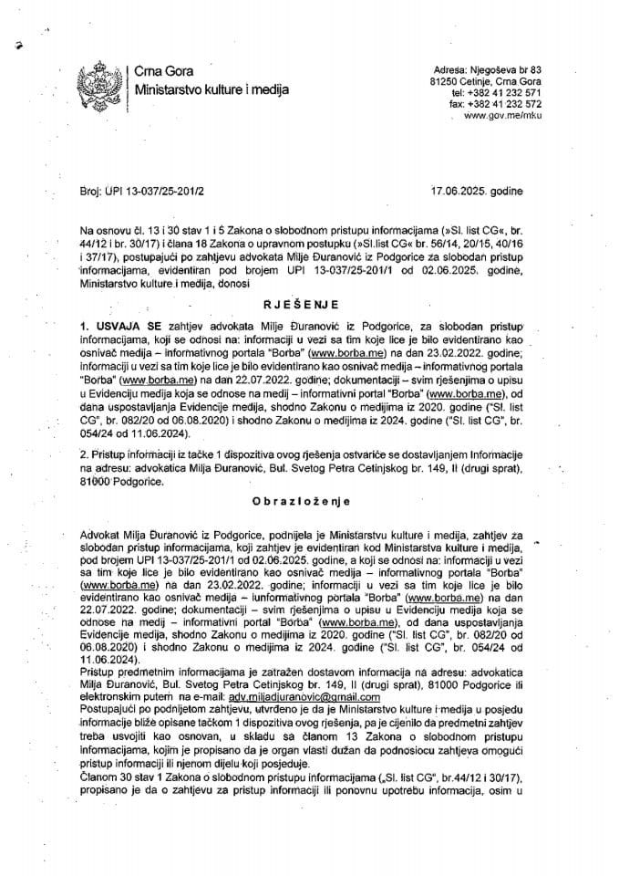 Rj.SPI advokata Milje Đuranovic