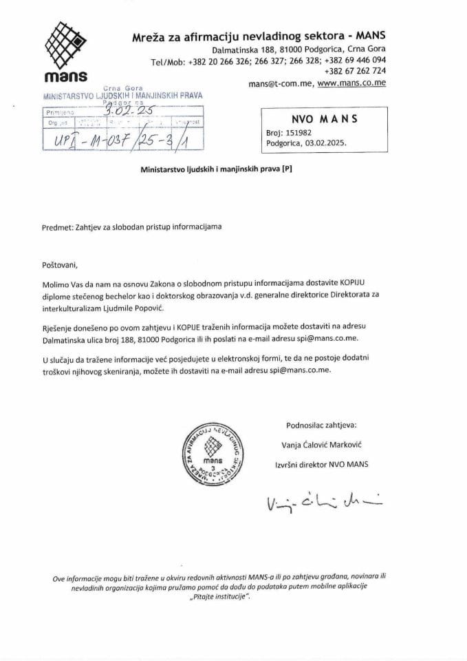 Zahtjev za SPI MANS - UPI 011-037/25-3/1, Rješenje UPI 01-037/25-3/2, Odgovor UPI 01-037/25-3/3