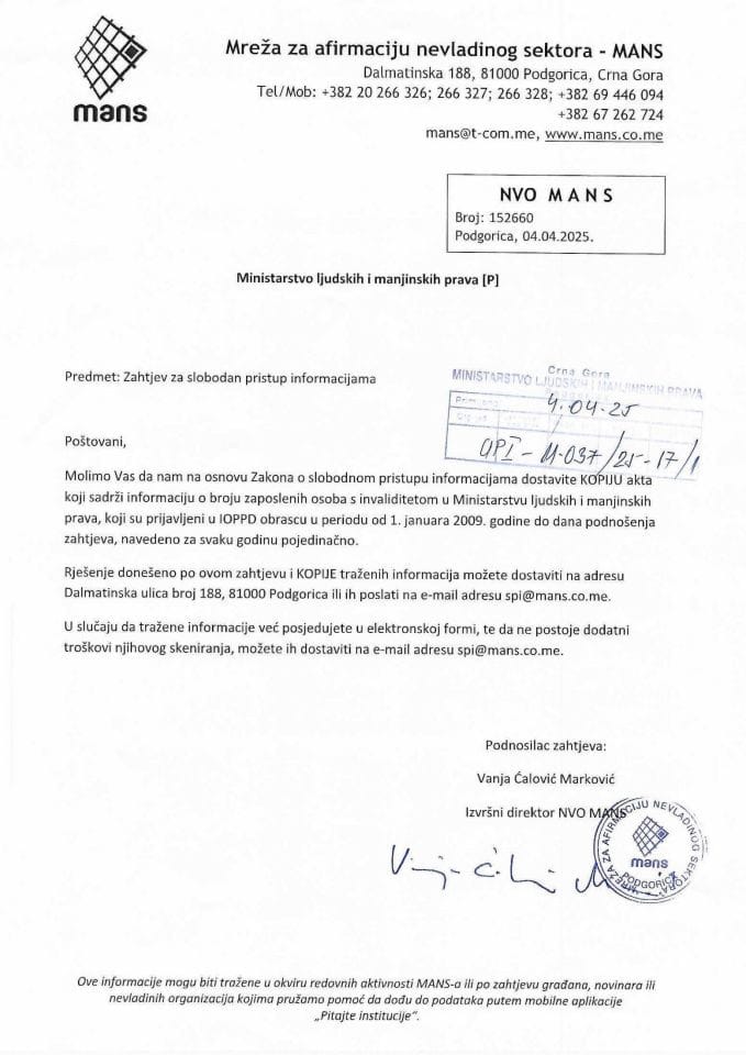 Zahtjev za SPI MANS - UPI 011-037/25-17/1, Rješenje UPI 01-037/25-17/2, Odgovor UPI 01-037/25-17/3