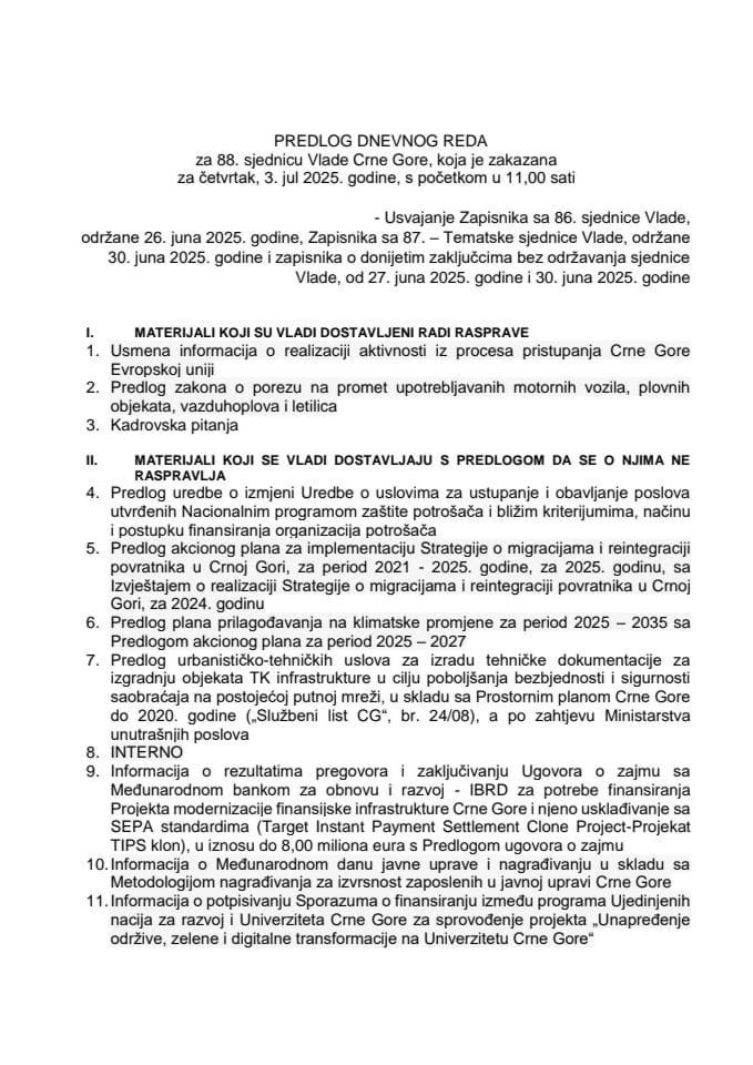 Предлог дневног реда за 88. сједницу Владе Црне Горе
