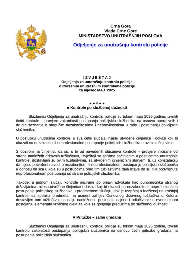 Izvještaj o postupanju po pritužbama i kontrolama za mjesec maj 2025. godine