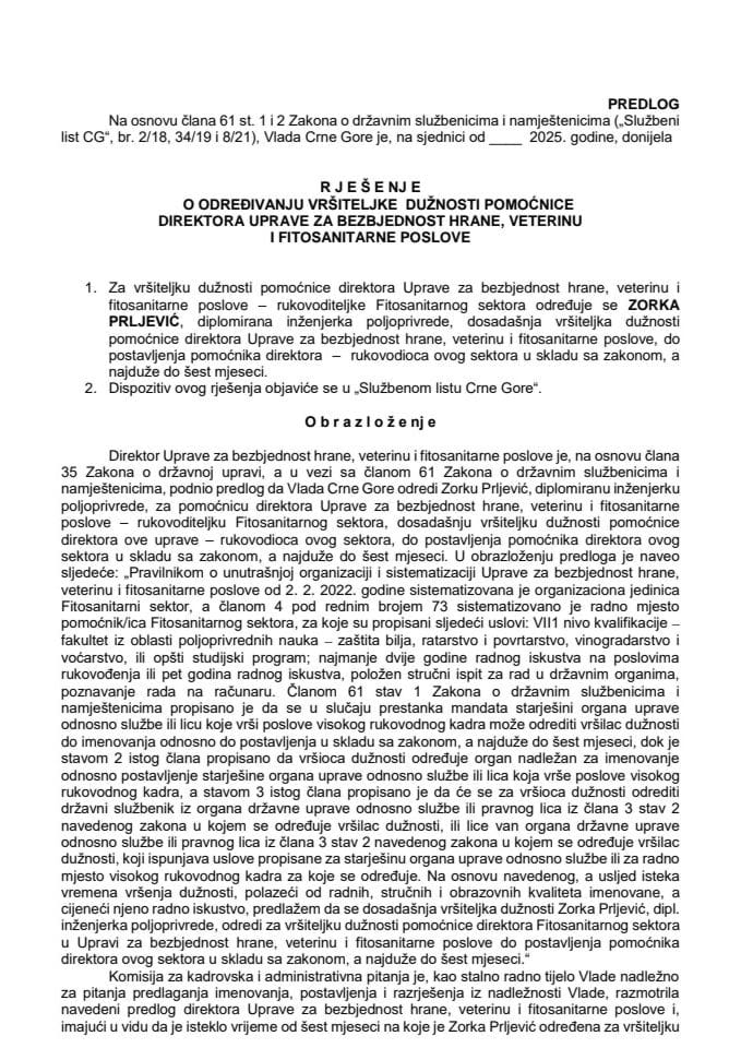 Predlog za određivanje vršiteljke dužnosti pomoćnice direktora Uprave za bezbjednost hrane, veterinu i fitosanitarne poslove
