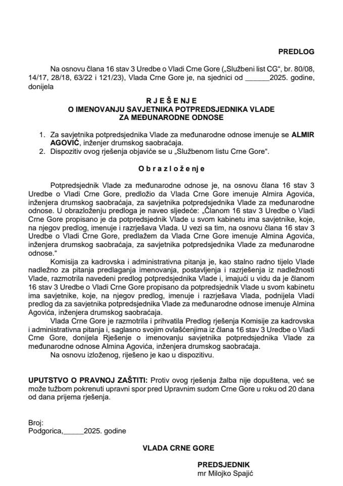 Predlog za imenovanje savjetnika potpredsjednika Vlade za međunarodne odnose