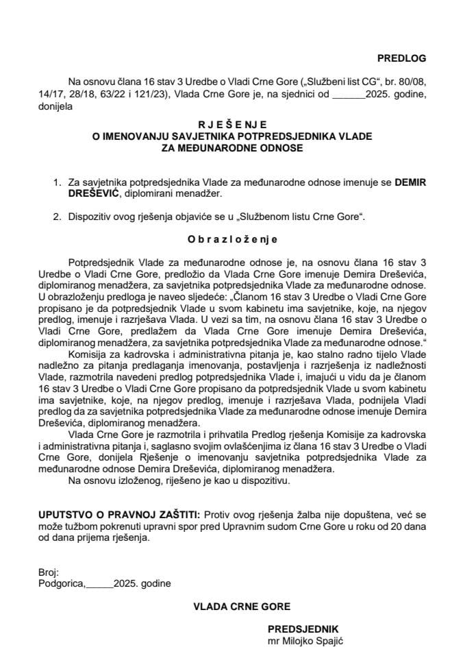 Predlog za imenovanje savjetnika potpredsjednika Vlade za međunarodne odnose