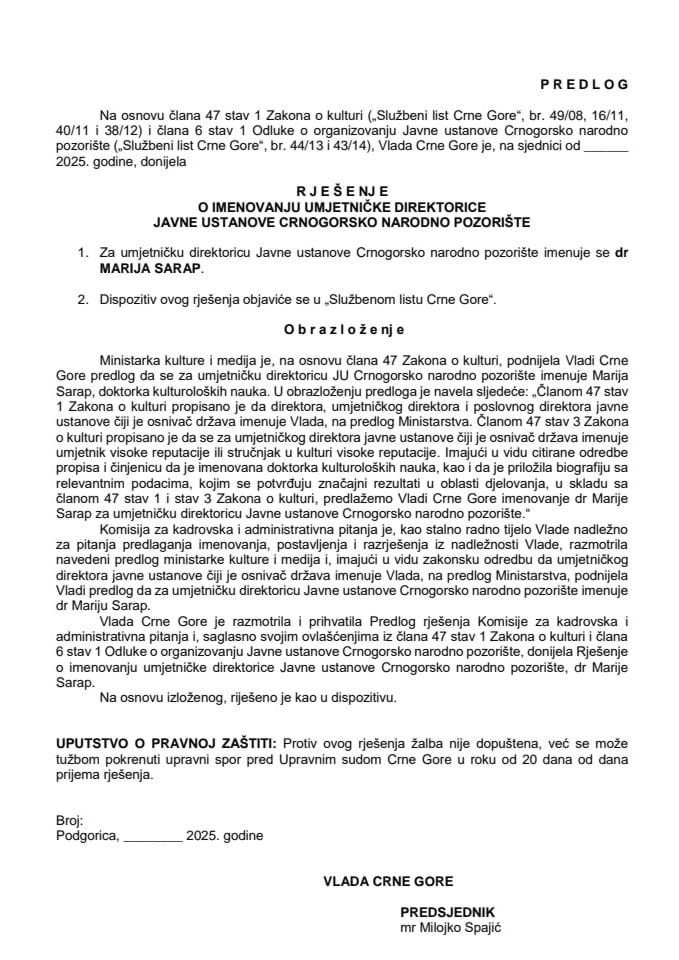 Predlog za imenovanje umjetničke direktorice Javne ustanove Crnogorsko narodno pozorište