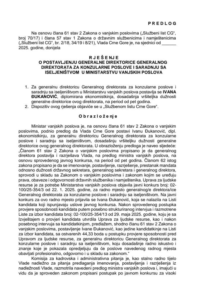 Predlog za postavljenje generalne direktorice Generalnog direktorata za konzularne poslove i saradnju sa iseljeništvom u Ministarstvu vanjskih poslova