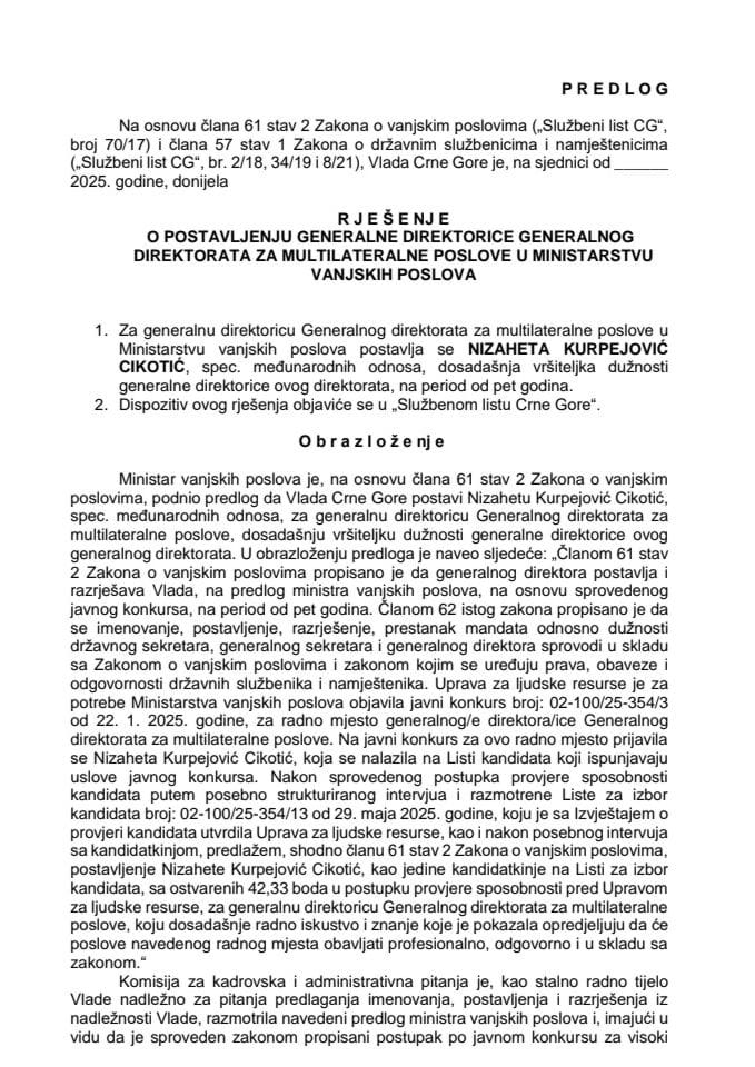 Predlog za postavljenje generalne direktorice Generalnog direktorata za multilateralne poslove u Ministarstvu vanjskih poslova