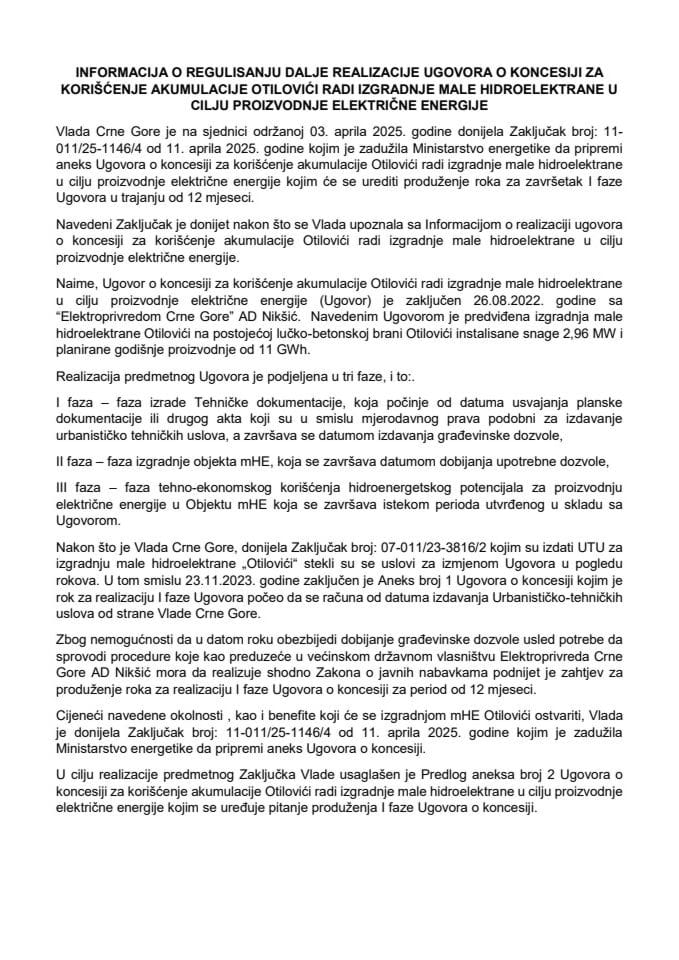 Informacija o regulisanju dalje realizacije Ugovora o koncesiji za korišćenje akumulacije Otilovići radi izgradnje male hidroelektrane u cilju proizvodnje električne energije s Predlogom aneksa broj 2 Ugovora o koncesiji
