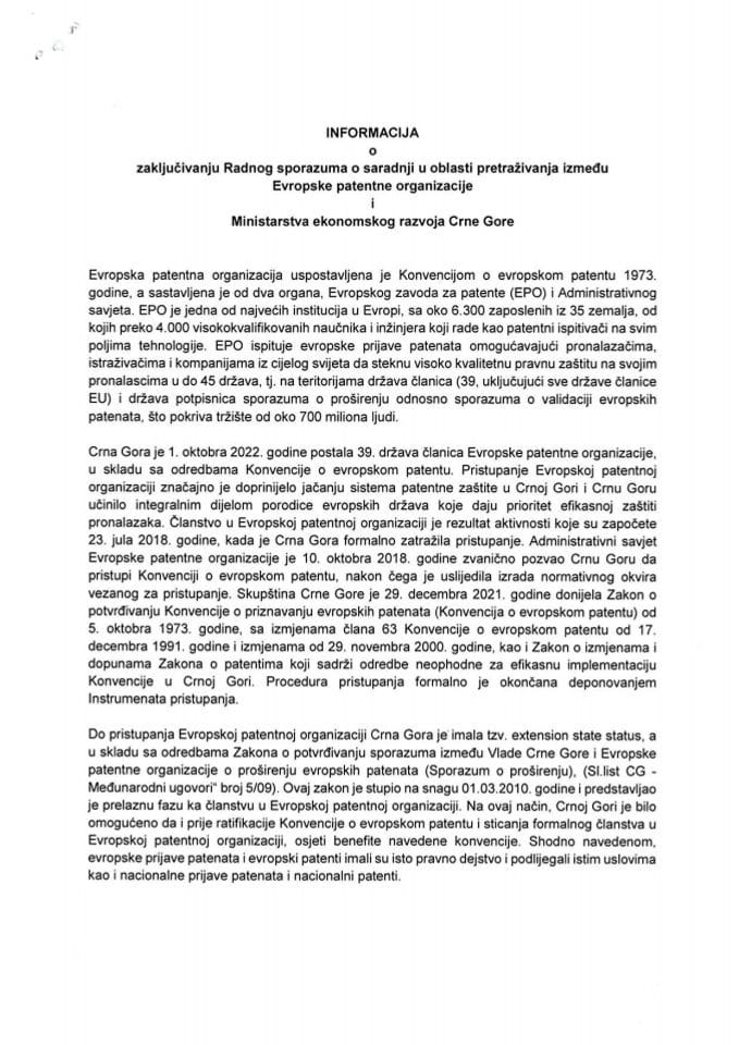 Informacija o zaključivanju Radnog sporazuma o saradnji u oblasti pretraživanja između Evropske patentne organizacije i Ministarstva ekonomskog razvoja Crne Gore sa Predlogom radnog sporazuma