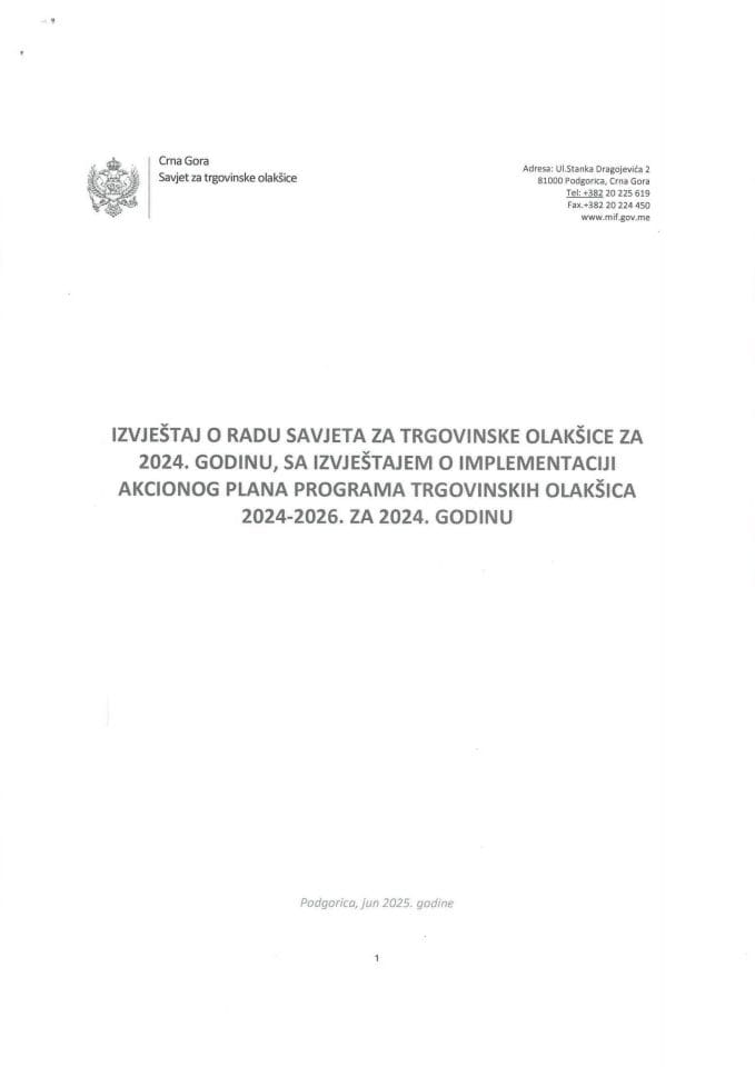Izvještaj o radu Savjeta za trgovinske olakšice za 2024. godinu, sa Izvještajem o implementaciji Akcionog plana Programa trgovinskih olakšica 2024-2026. za 2024. godinu