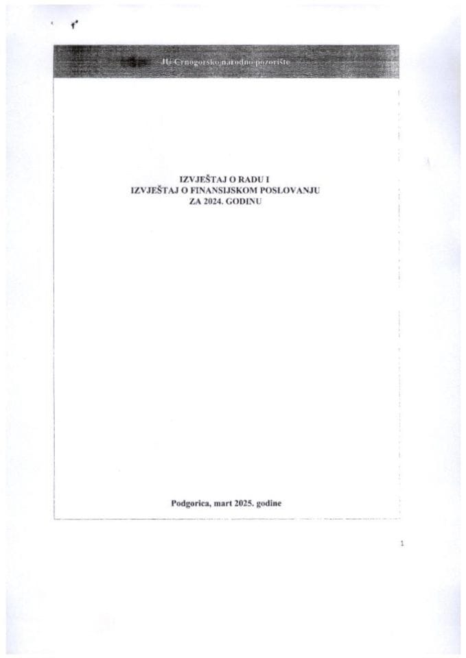 Izvještaj o radu i finansijskom poslovanju JU Crnogorsko narodno pozorište za 2024. godinu