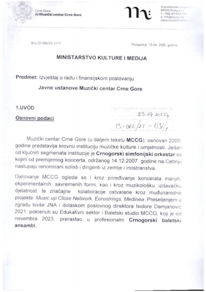 Izvještaj o radu i finansijskom poslovanju JU Muzički centar Crne Gore za 2024. godinu