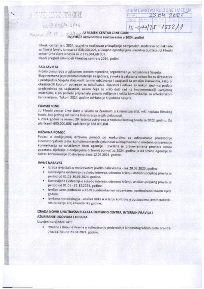 Izvještaj o radu i finansijskom poslovanju JU Filmski centar Crne Gore za 2024. godinu