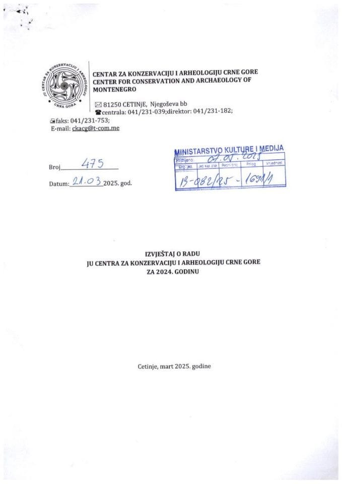 Izvještaj o radu i finansijskom poslovanju JU Centar za konzervaciju i arheologiju Crne Gore za 2024. godinu
