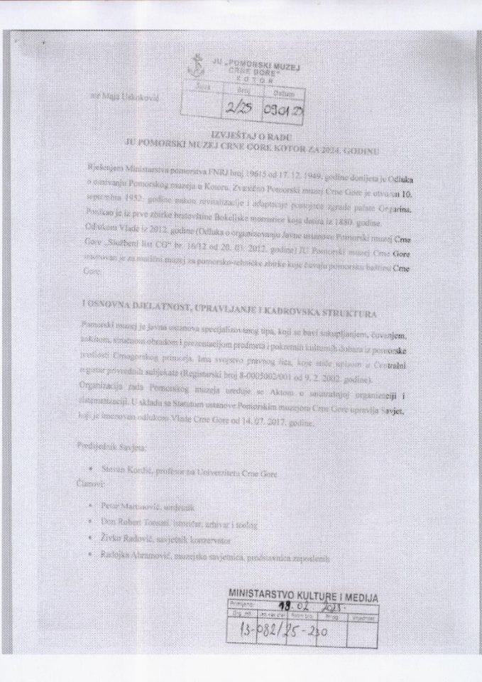 Izvještaj o radu i finansijskom poslovanju JU Pomorski muzej Crne Gore za 2024. godinu