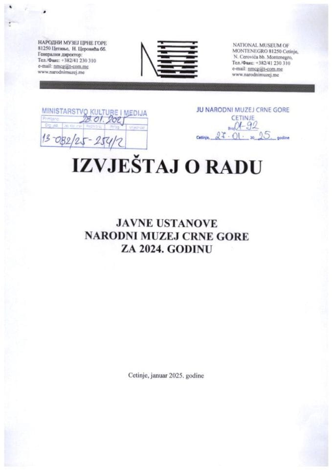 Izvještaj o radu i finansijskom poslovanju JU Narodni muzej Crne Gore za 2024. godinu