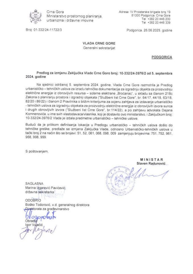 Predlog za izmjenu Zaključka Vlade Crne Gore, broj: 10-332/24-3976/2, od 5. septembra 2024. godine, sa sjednice od 5. septembra 2024. godine