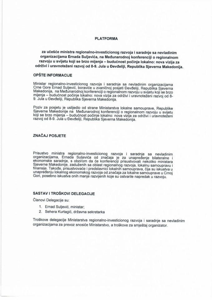 Predlog platforme za učešće ministra regionalno-investicionog razvoja i saradnje sa nevladinim organizacijama Ernada Suljevića na Međunarodnoj konferenciji o regionalnom razvoju u svijetu koji se brzo mijenja - budućnost počinje lokalno