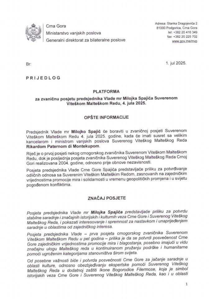 Предлог платформе за званичну посјету предсједника Владе мр Милојка Спајића Сувереном Витешком Малтешком Реду, 4. јула 2025. године