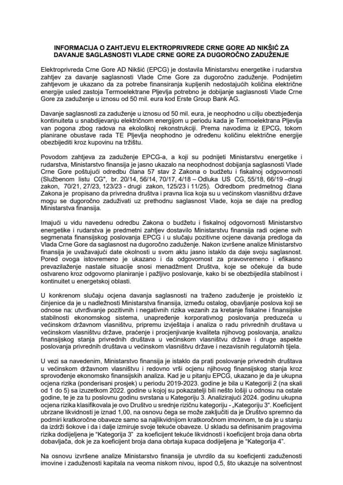 Informacija o zahtjevu Elektroprivrede Crne Gore AD Nikšić za davanje saglasnosti Vlade Crne Gore na dugoročno zaduženje