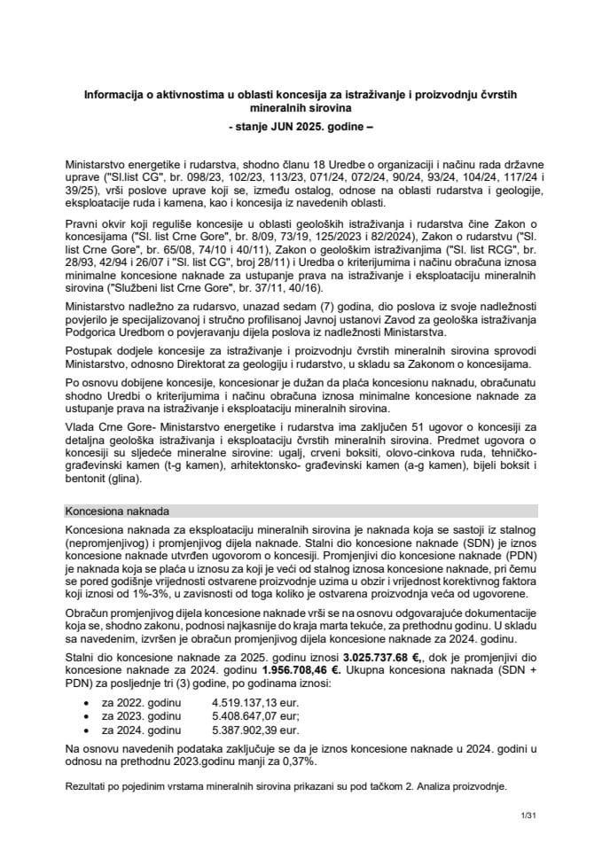 Informacija o aktivnostima u oblasti koncesija za istraživanje i proizvodnju čvrstih mineralnih sirovina- stanje jun 2025. godine
