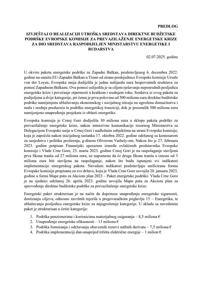 Izvještaj o realizaciji utroška sredstava direktne budžetske podrške Evropske komisije za prevazilaženje energetske krize za dio sredstava raspodijeljen Ministarstvu energetike i rudarstva