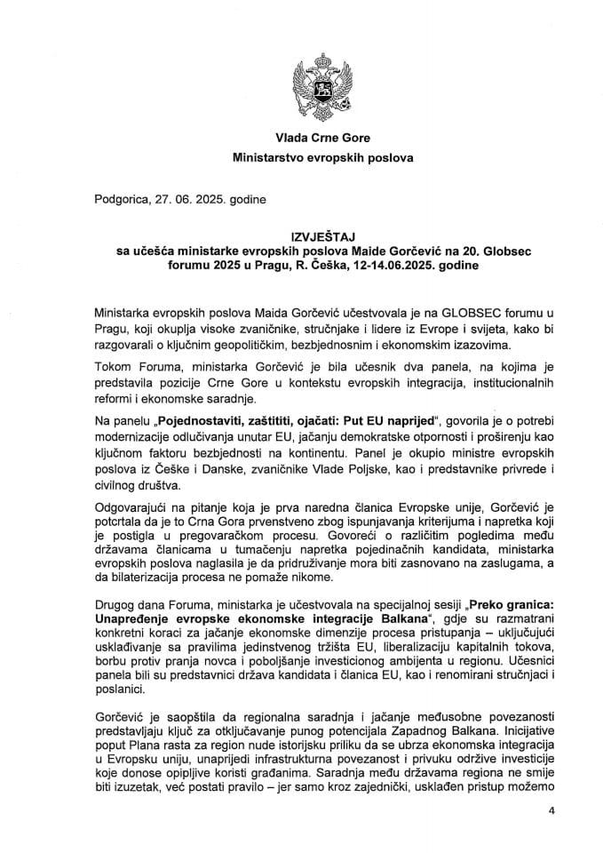 Izvještaj sa učešća ministarke evropskih poslova Maide Gorčević na 20. Globsec forumu 2025 u Pragu, Republika Češka, 12-14. jun 2025. godine