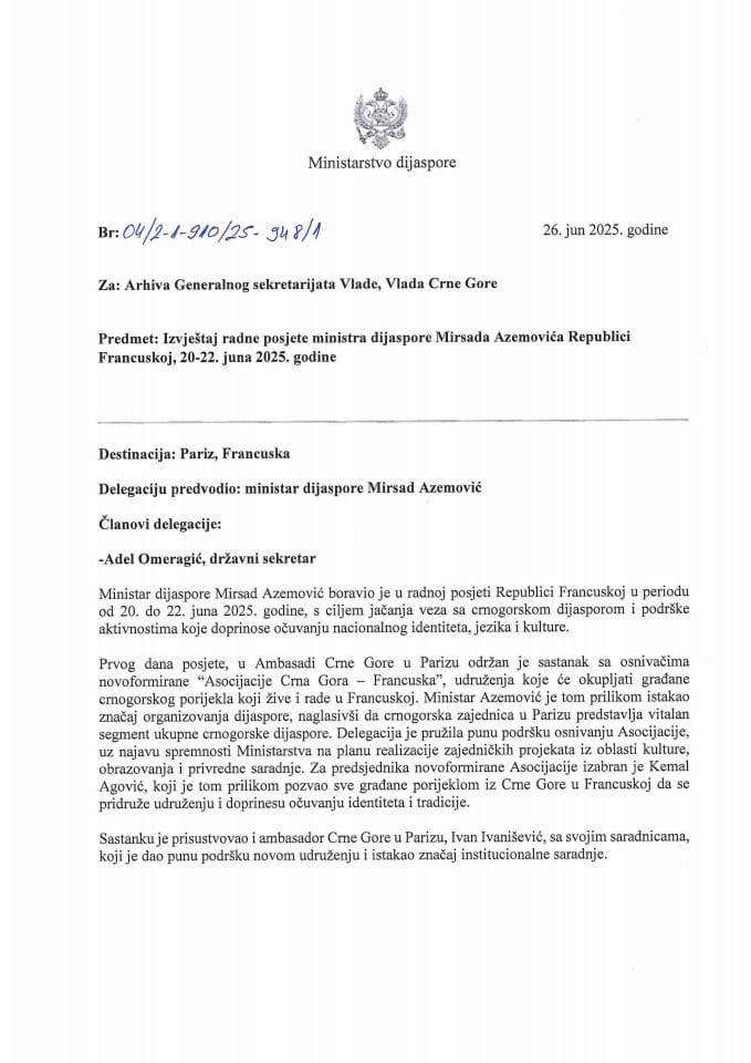 Izvještaj o radnoj posjeti ministra dijaspore Mirsada Azemovića Republici Francuskoj, 20-22. juna 2025. godine