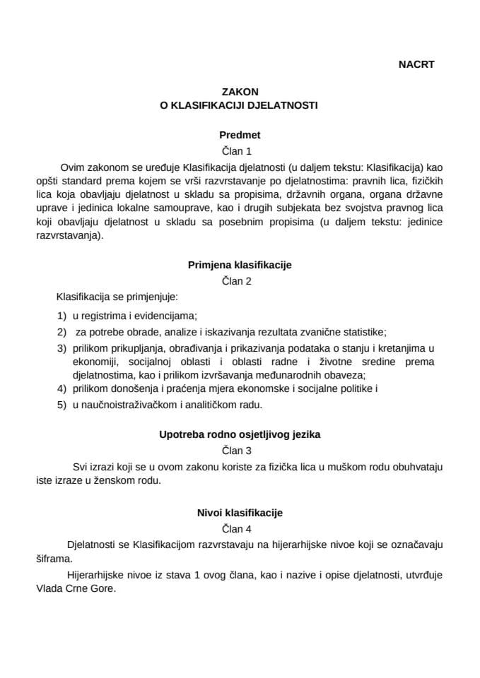 Nacrt Zakona o klasifikaciji djelatnosti