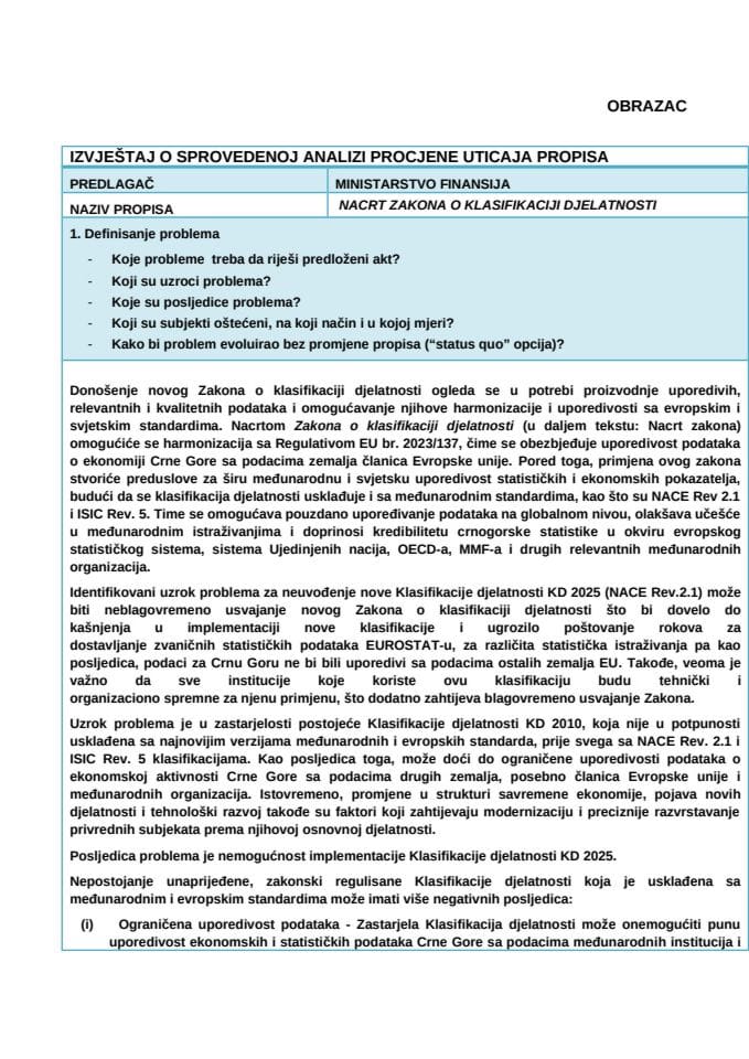 RIA obrazac - Nacrt izvještaja o sprovedenoj analizi o procjeni uticaja propisa