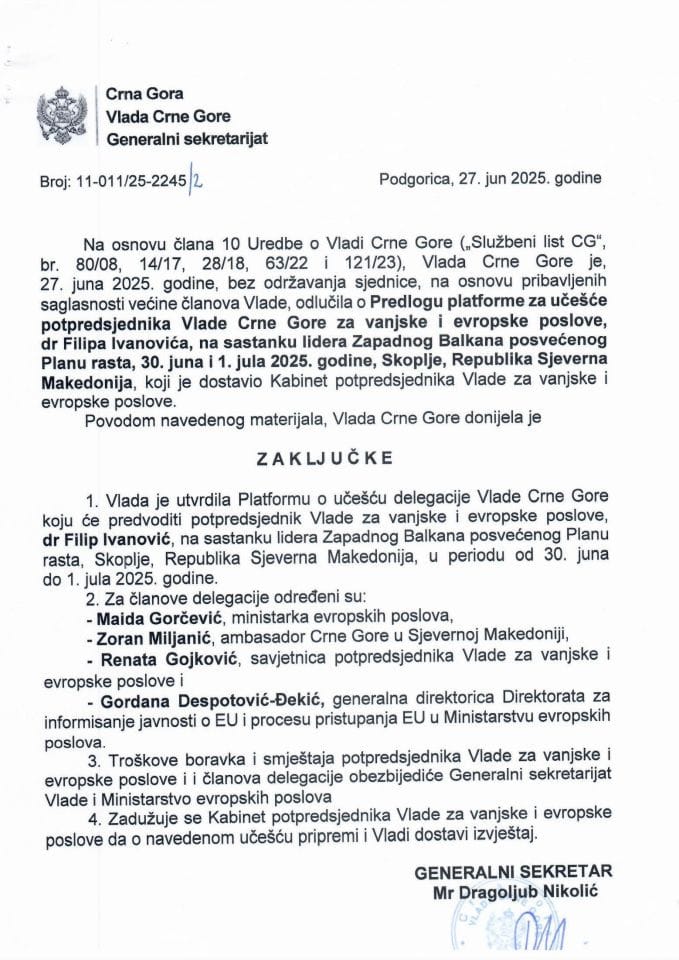 Predlog platforme za učešće potpredsjednika Vlade Crne Gore za vanjske i evropske poslove dr Filipa Ivanovića na sastanku lidera Zapadnog Balkana posvećenog Planu rasta, Skoplje, R.S. Makedonija, 30. jun i 1. jul 2025. godine - Zaključci
