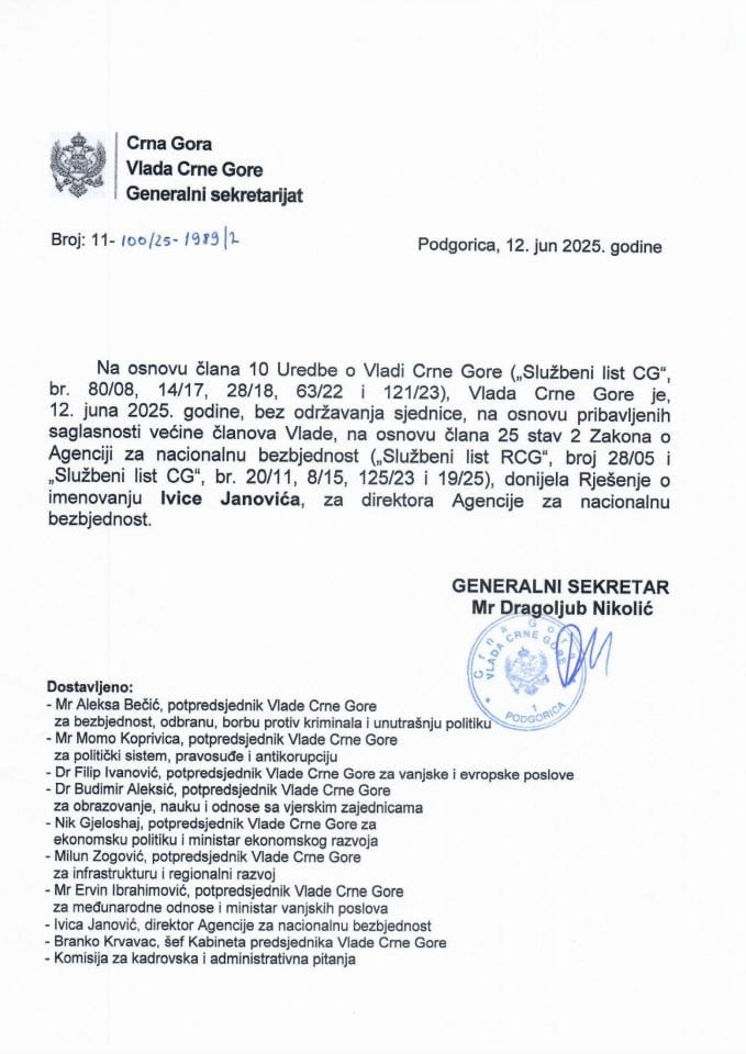 Predlog za imenovanje direktora Agencije za nacionalnu bezbjednost - zaključci