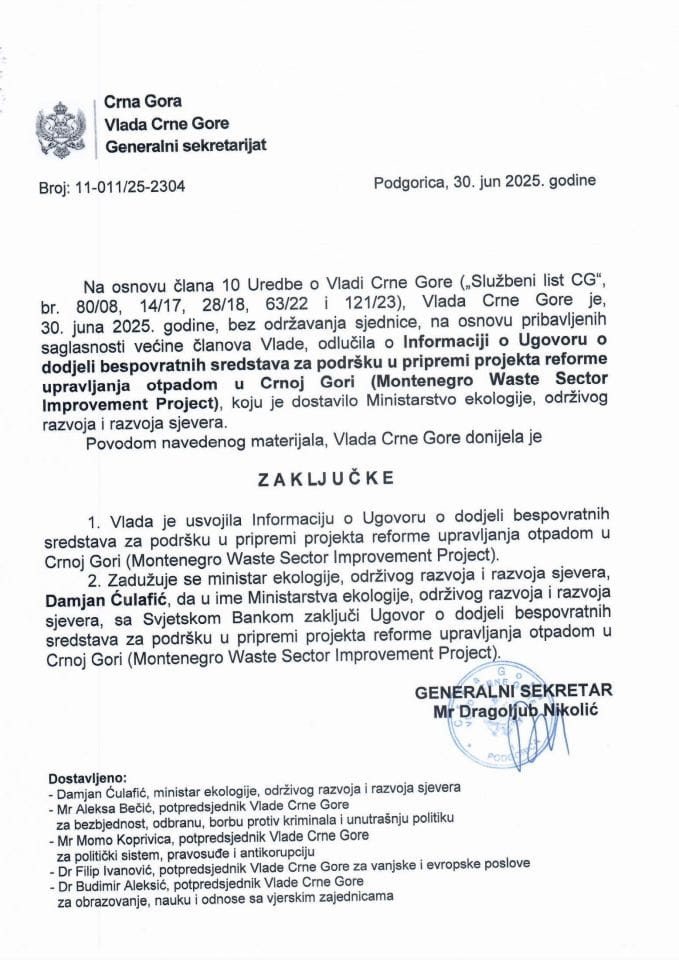 Informacija o Ugovoru o dodjeli bespovratnih sredstava za podršku u pripremi projekta reforme upravljanja otpadom u Crnoj Gori (Montenegro Waste Sector Improvement Project) s Predlogom ugovora - Zaključci