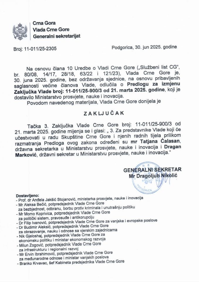 Predlog za izmjenu Zaključka Vlade Crne Gore, broj: 11-011/25-900/3, od 21. marta 2025. godine, sa sjednice od 21. marta 2025. godine - Zaključci