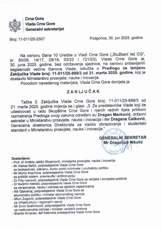 Predlog za izmjenu Zaključka Vlade Crne Gore, broj: 11-011/25-899/3, od 21. marta 2025. godine, sa sjednice od 21. marta 2025. godine - Zaključci